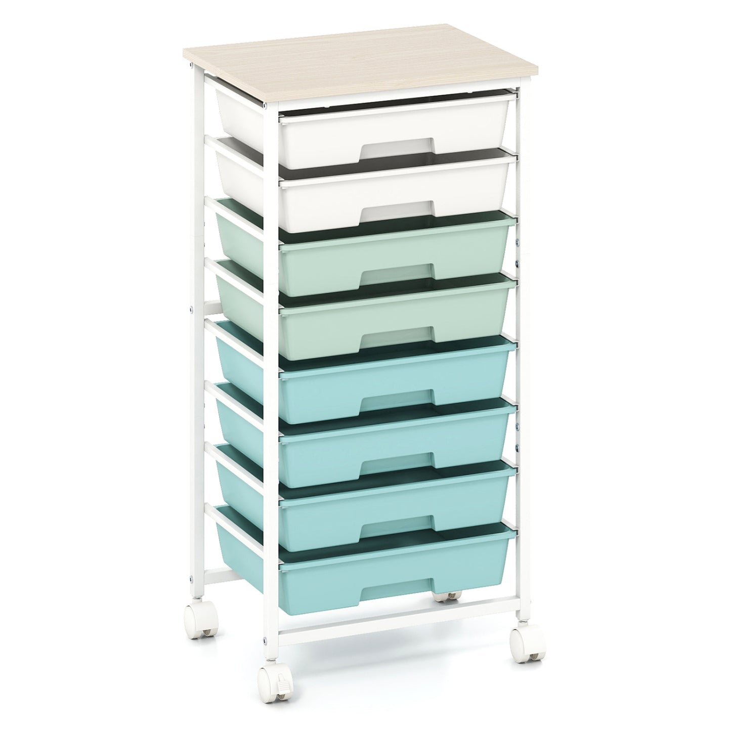 8-Drawer Rolling Storage Cart with Wooden Top and Lockable Wheels