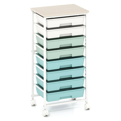 8-Drawer Rolling Storage Cart with Wooden Top and Lockable Wheels