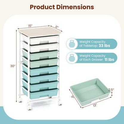 8-Drawer Rolling Storage Cart with Wooden Top and Lockable Wheels