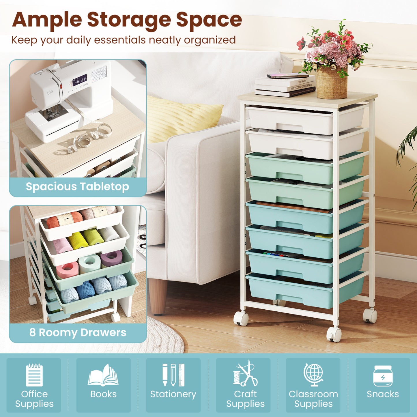 8-Drawer Rolling Storage Cart with Wooden Top and Lockable Wheels