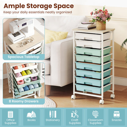 8-Drawer Rolling Storage Cart with Wooden Top and Lockable Wheels