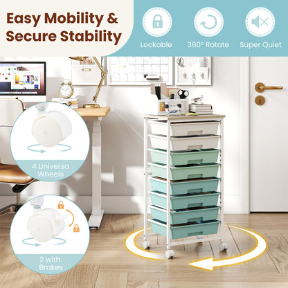 8-Drawer Rolling Storage Cart with Wooden Top and Lockable Wheels