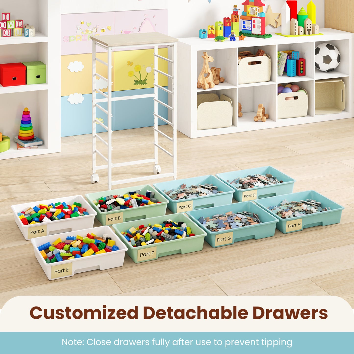 8-Drawer Rolling Storage Cart with Wooden Top and Lockable Wheels