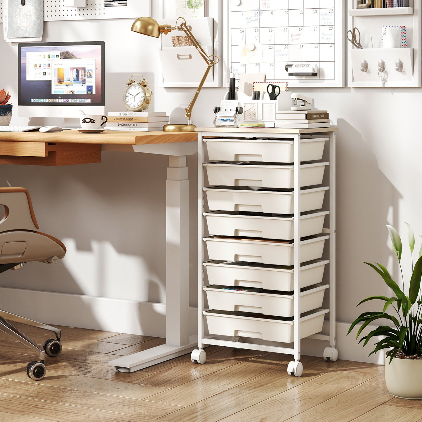 8-Drawer Rolling Storage Cart with Wooden Top and Lockable Wheels