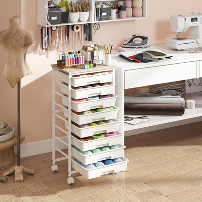 8-Drawer Rolling Storage Cart with Wooden Top and Lockable Wheels
