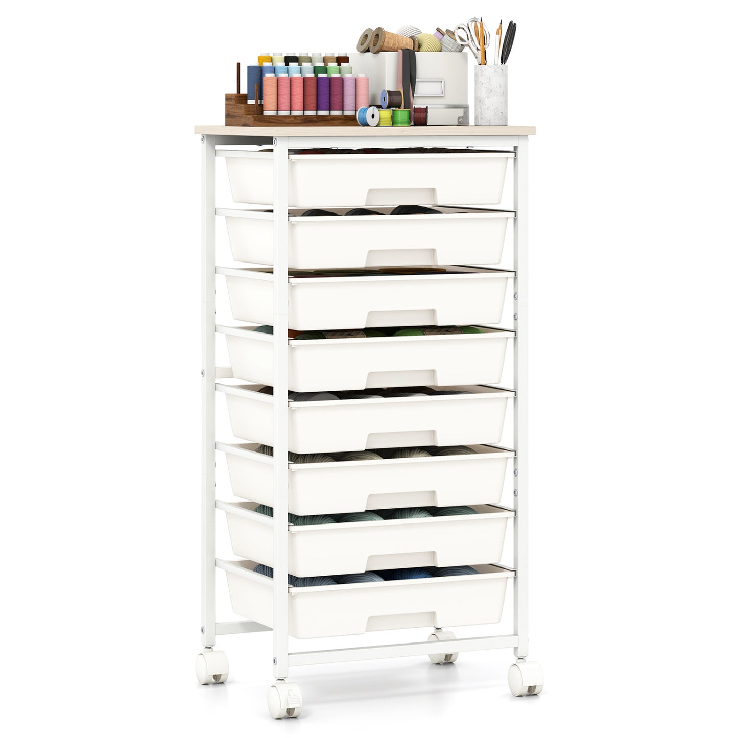 8-Drawer Rolling Storage Cart with Wooden Top and Lockable Wheels