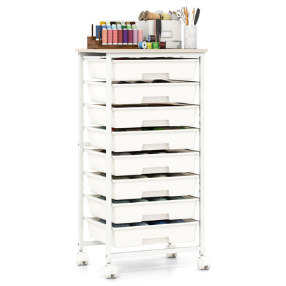8-Drawer Rolling Storage Cart with Wooden Top and Lockable Wheels
