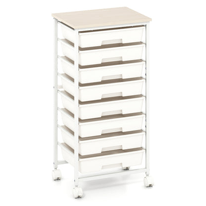 8-Drawer Rolling Storage Cart with Wooden Top and Lockable Wheels