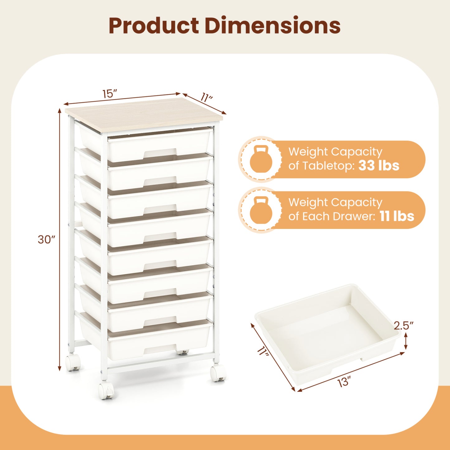 8-Drawer Rolling Storage Cart with Wooden Top and Lockable Wheels