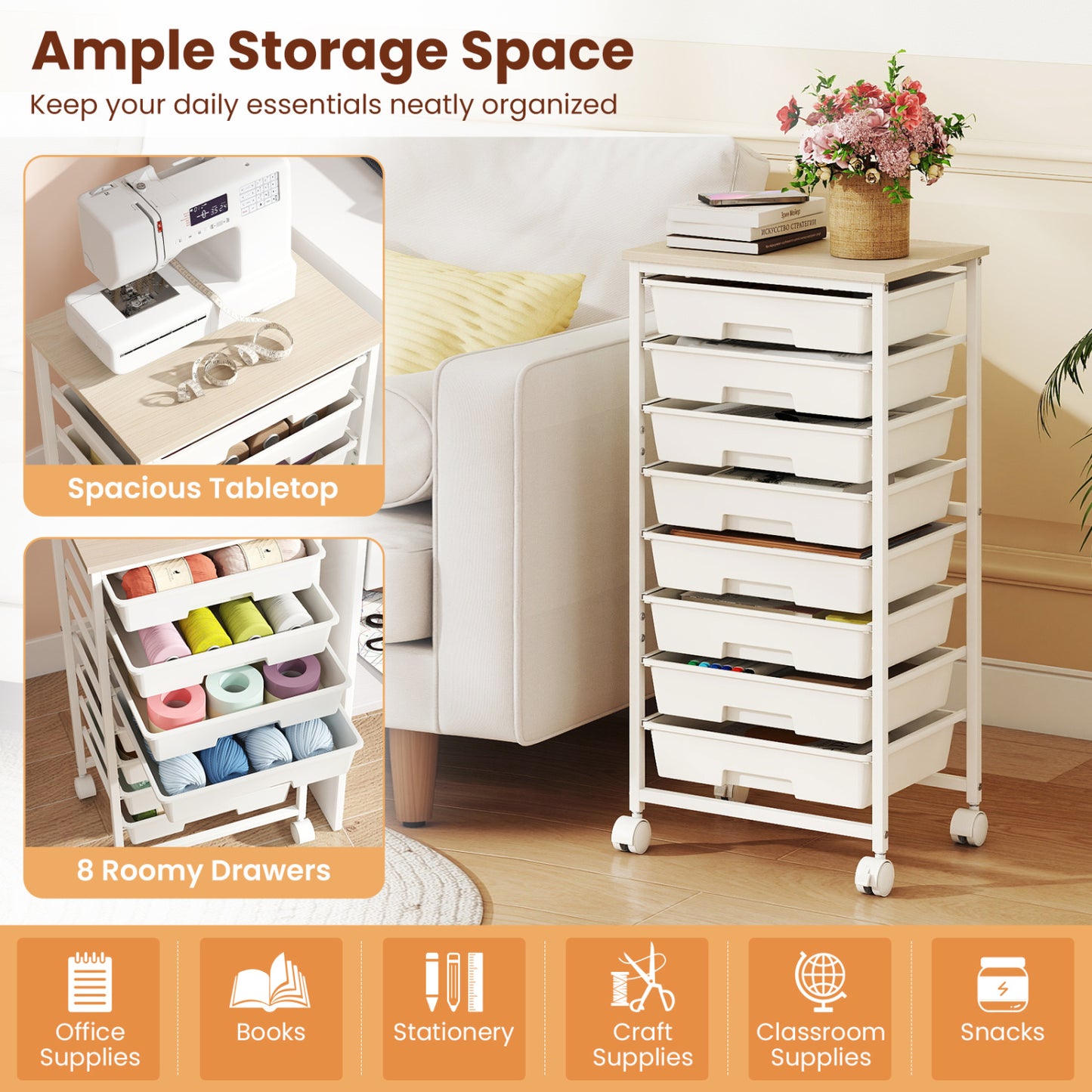 8-Drawer Rolling Storage Cart with Wooden Top and Lockable Wheels