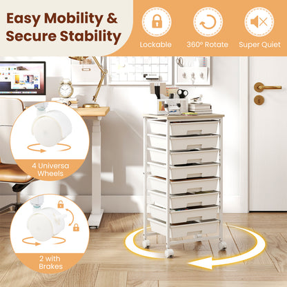 8-Drawer Rolling Storage Cart with Wooden Top and Lockable Wheels