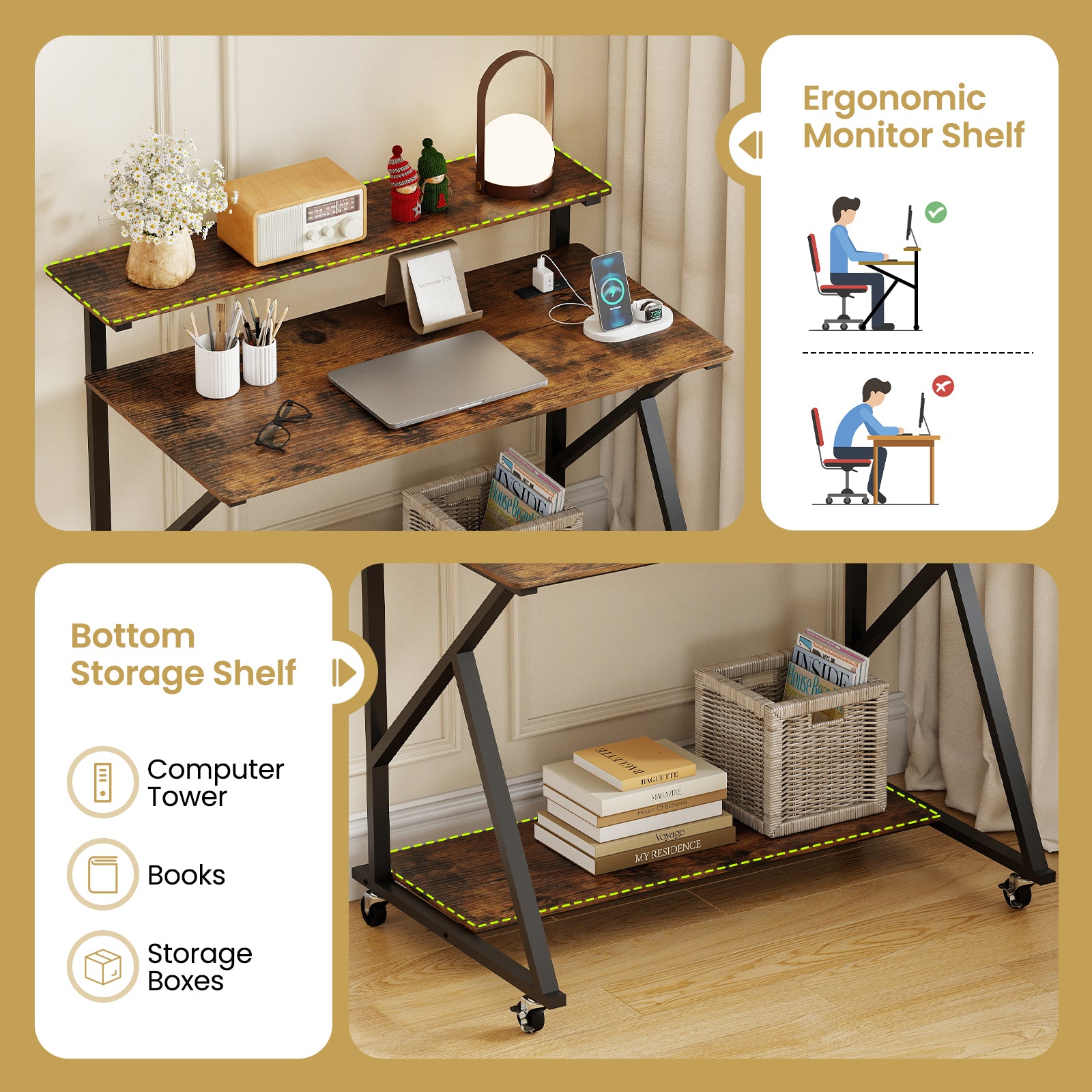 Rolling Computer Desk with Charging Station and Monitor Shelf Storage for Home Office-Rustic Brown