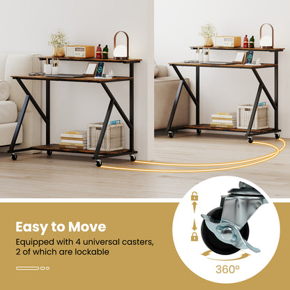 Rolling Computer Desk with Charging Station and Monitor Shelf Storage for Home Office-Rustic Brown