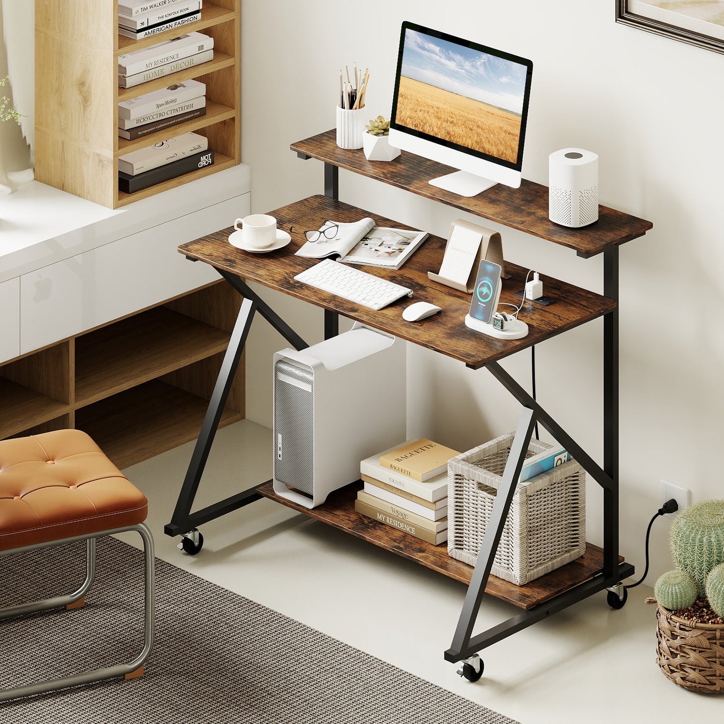Rolling Computer Desk with Charging Station and Monitor Shelf Storage for Home Office-Rustic Brown