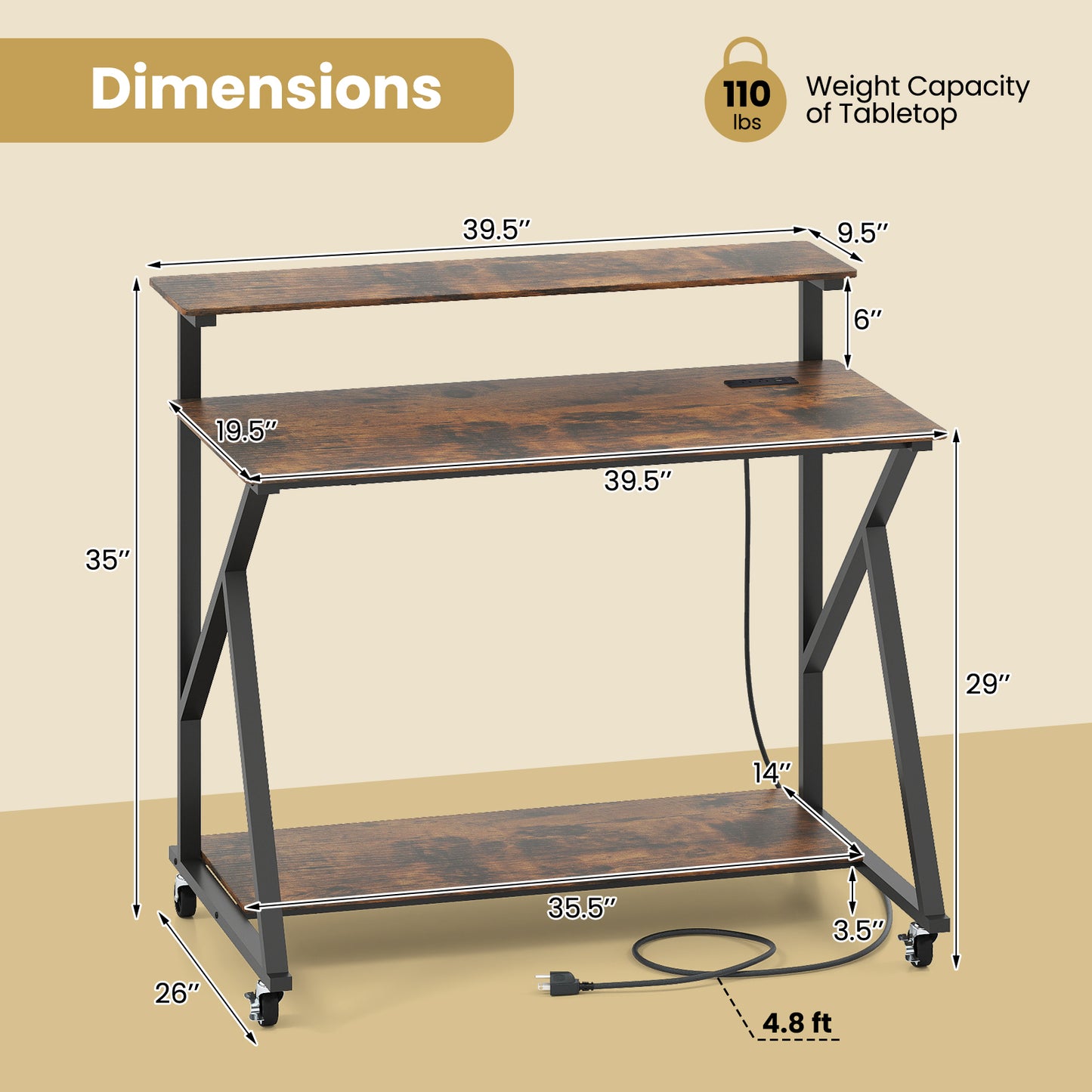 Rolling Computer Desk with Charging Station and Monitor Shelf Storage for Home Office-Rustic Brown