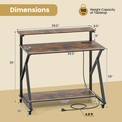 Rolling Computer Desk with Charging Station and Monitor Shelf Storage for Home Office-Rustic Brown