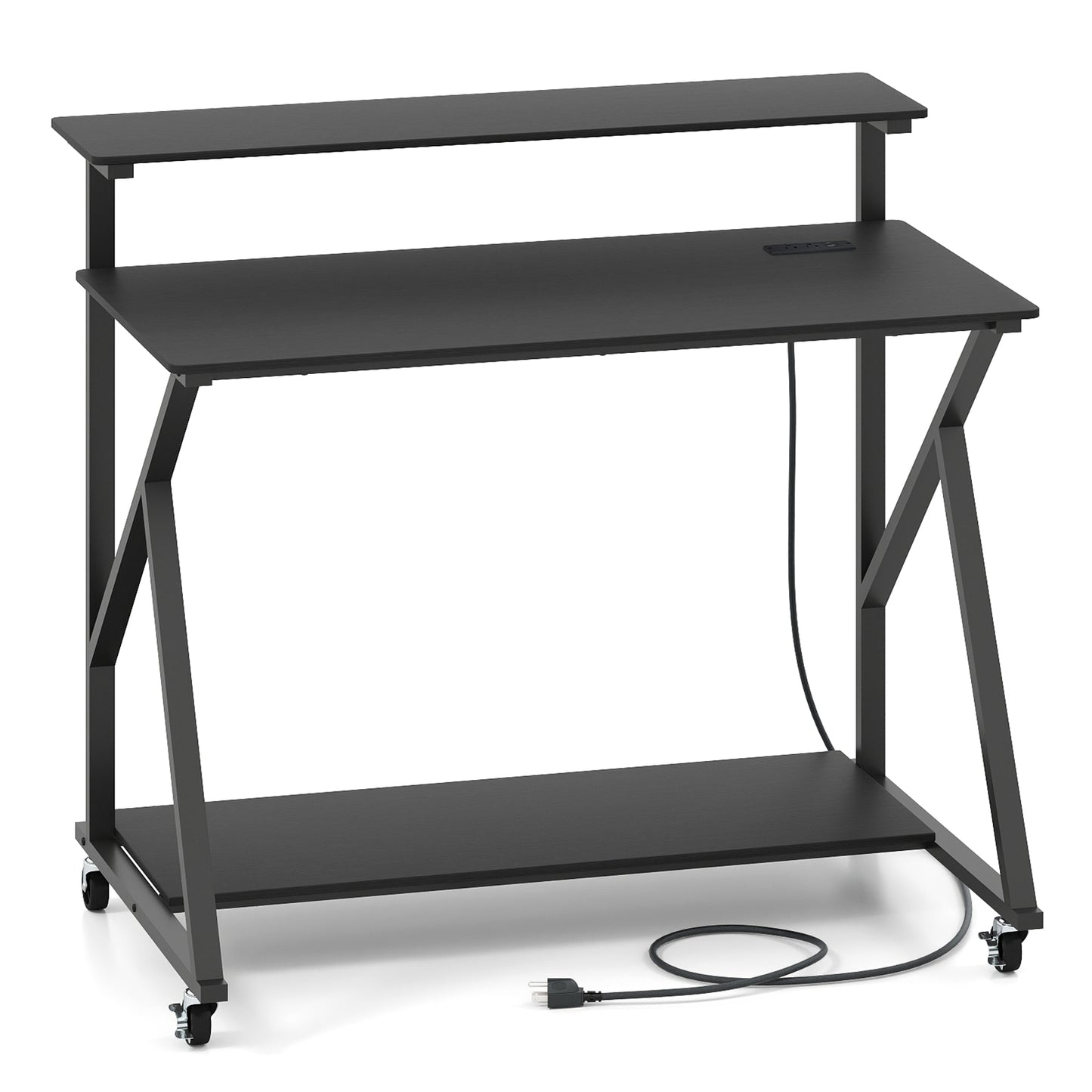 Rolling Computer Desk with Charging Station and Monitor Shelf Storage for Home Office-Black