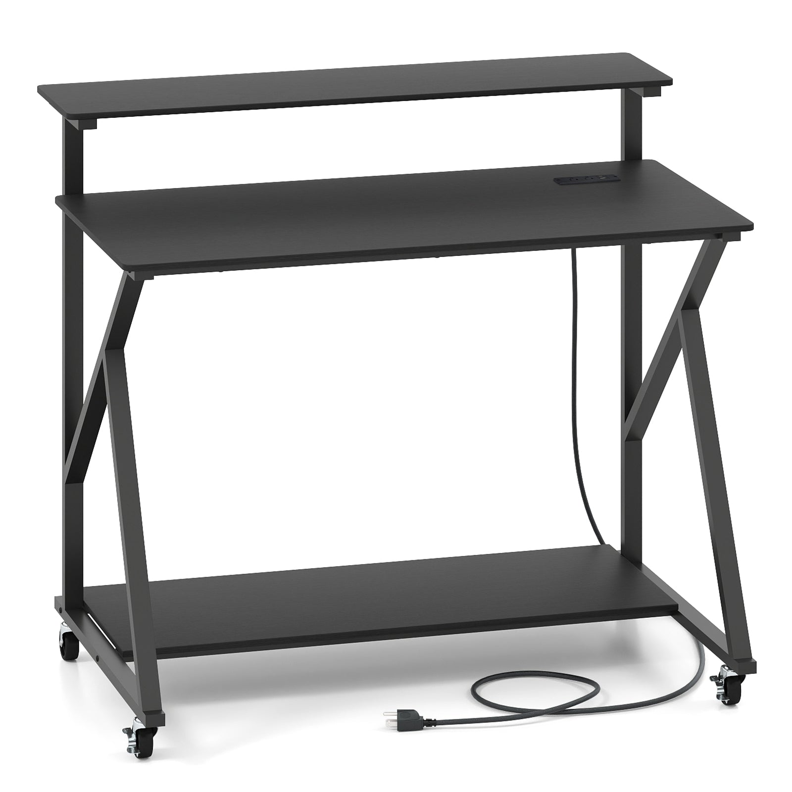 Rolling Computer Desk with Charging Station and Monitor Shelf Storage for Home Office-Black