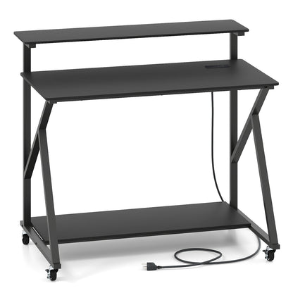 Rolling Computer Desk with Charging Station and Monitor Shelf Storage for Home Office-Black