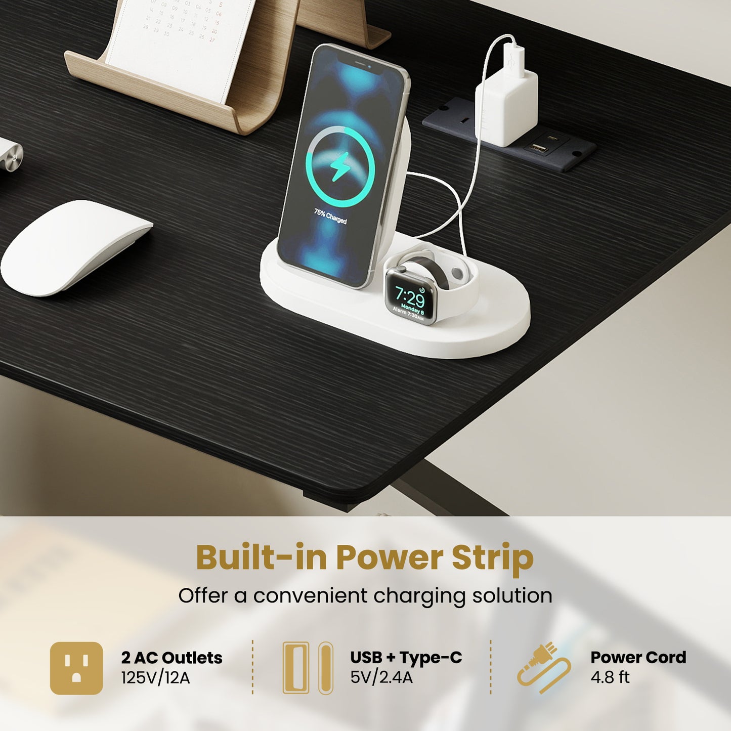 Rolling Computer Desk with Charging Station and Monitor Shelf Storage for Home Office-Black