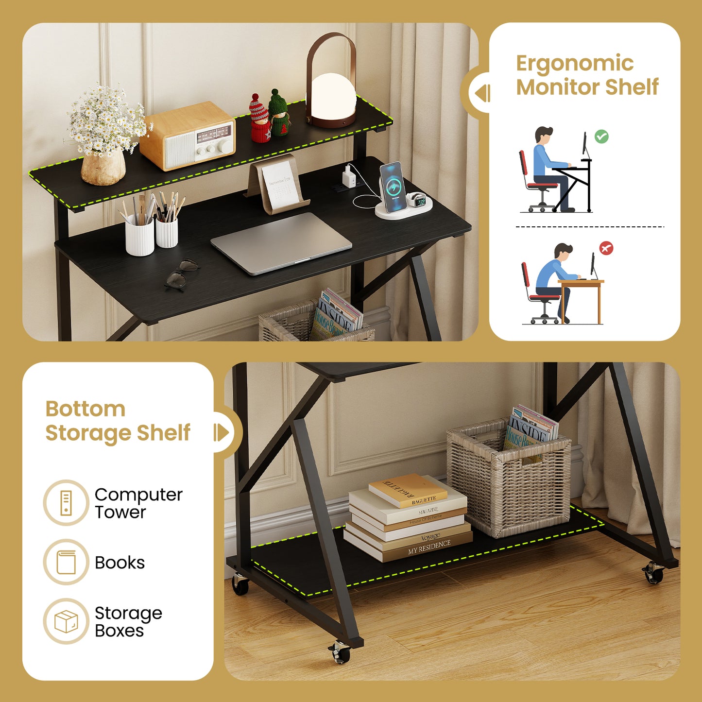 Rolling Computer Desk with Charging Station and Monitor Shelf Storage for Home Office-Black
