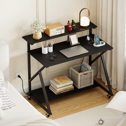 Rolling Computer Desk with Charging Station and Monitor Shelf Storage for Home Office-Black