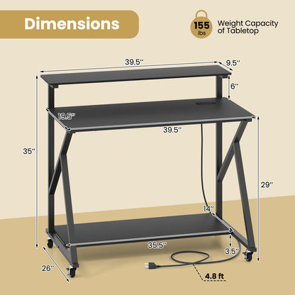 Rolling Computer Desk with Charging Station and Monitor Shelf Storage for Home Office-Black
