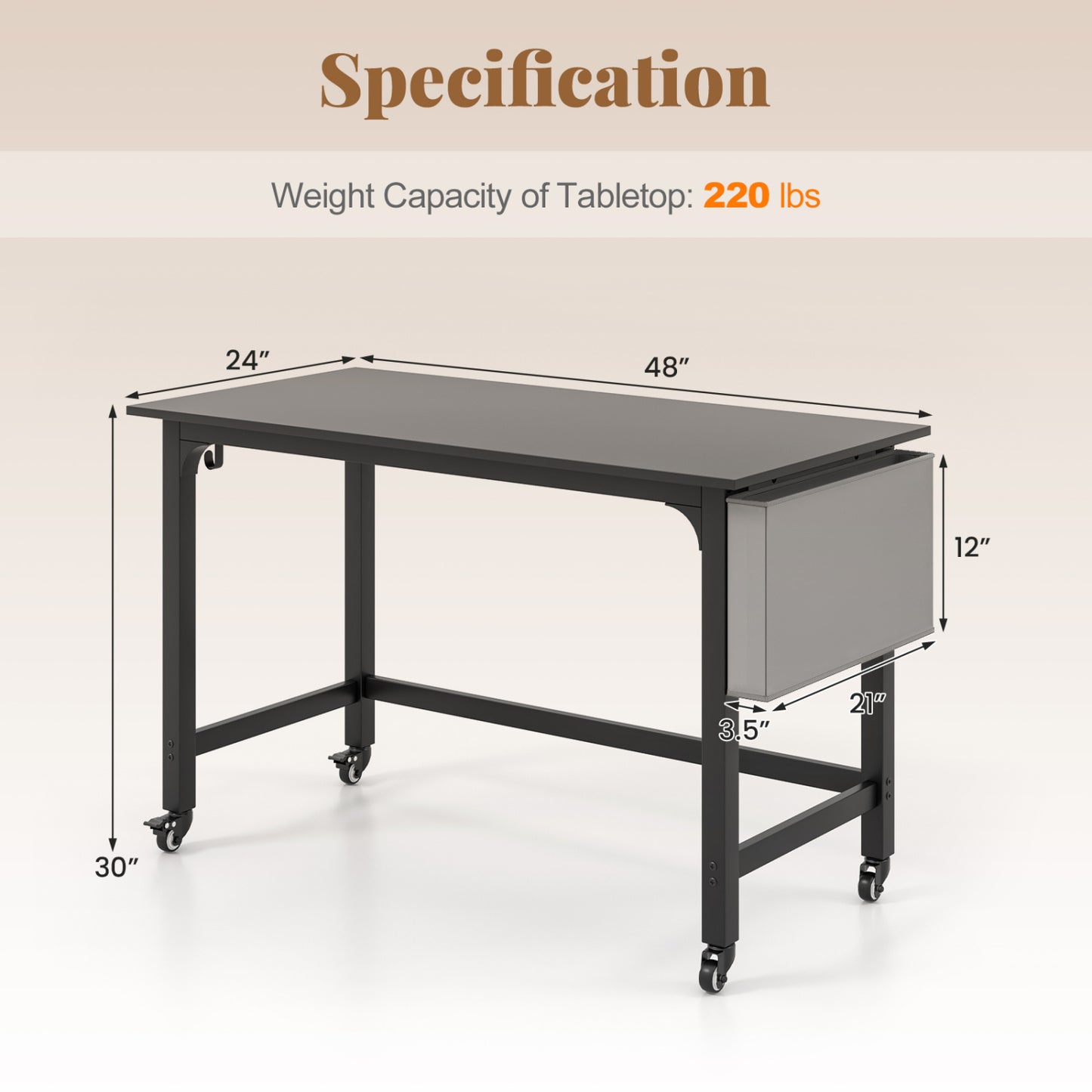 Rolling Computer Desk with Lockable Wheels 48" x 24"