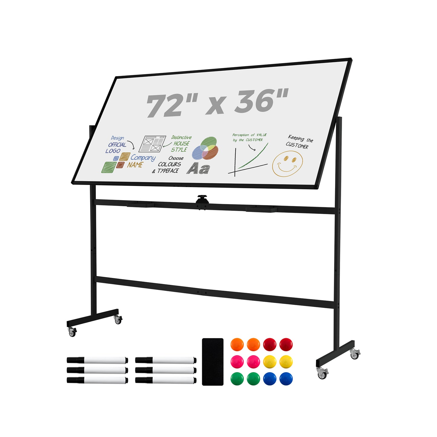 Rolling Double-Sided Magnetic Whiteboard on Wheels with Stand and Aluminum Alloy Frame-Black - Black