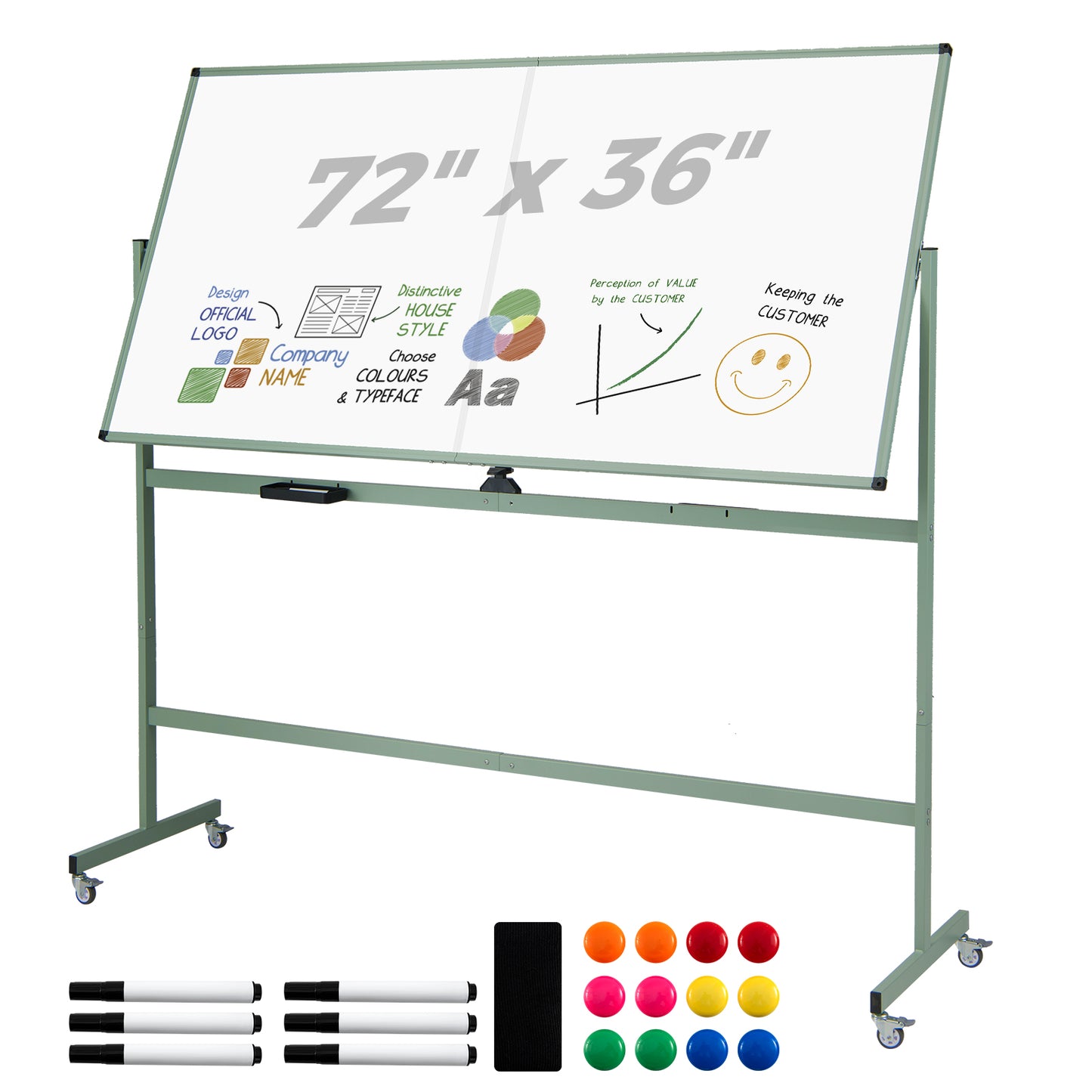 Rolling Double-Sided Magnetic Whiteboard on Wheels with Stand and Aluminum Alloy Frame-Black - Green