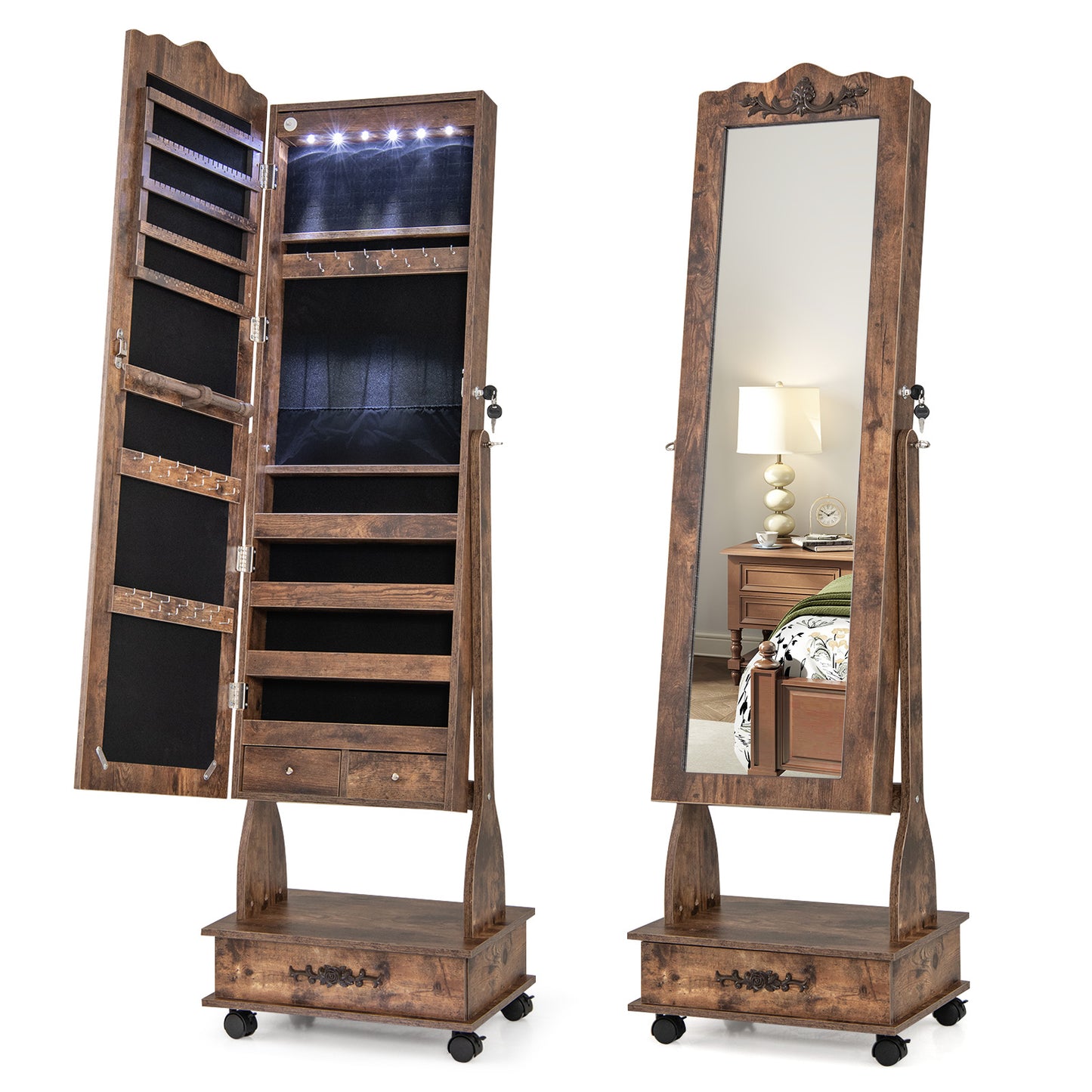 Rolling Floor Standing Mirrored Jewelry Armoire with Lock and Drawers-Brown - Rustic Brown