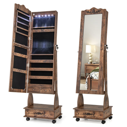 Rolling Floor Standing Mirrored Jewelry Armoire with Lock and Drawers-Brown - Rustic Brown
