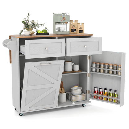 Rolling Kitchen Island with Trash Can Cabinet and Rubber Universal Wheels-White - Grey