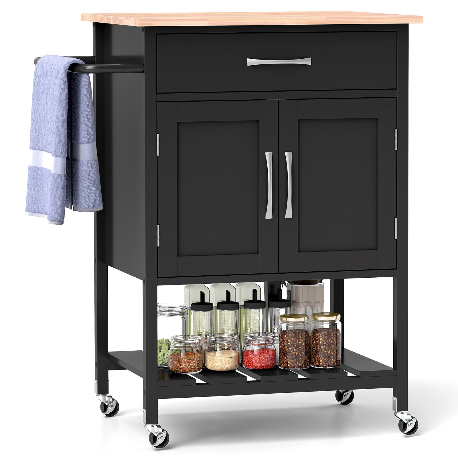 Rolling Kitchen Island Cart with Drawer and Towel Rack-White - Black