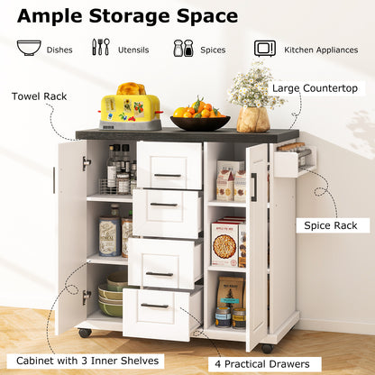 Rolling Kitchen Island Cart on Wheels with Storage Cabinets-White