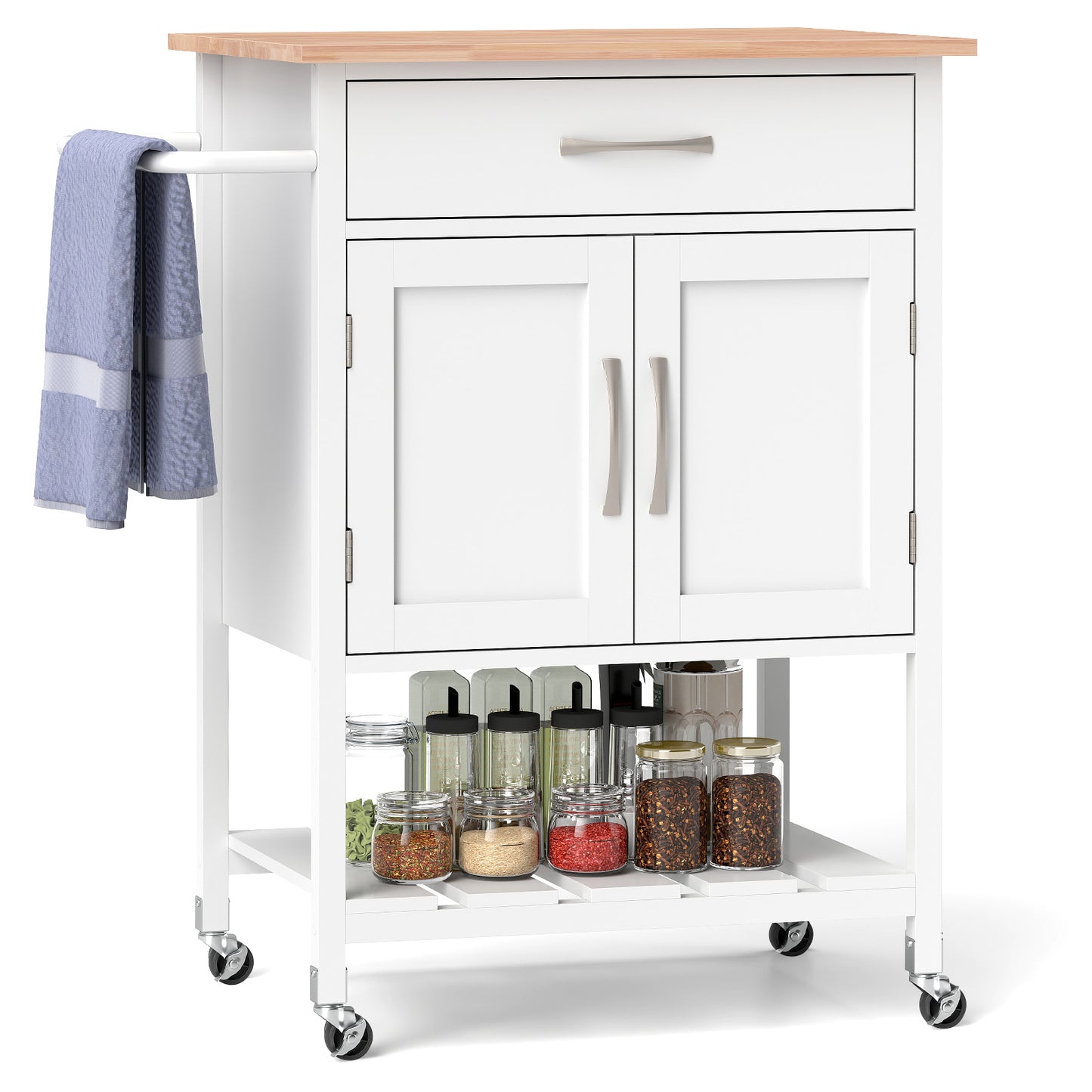 Rolling Kitchen Island Cart with Drawer and Towel Rack-White - White