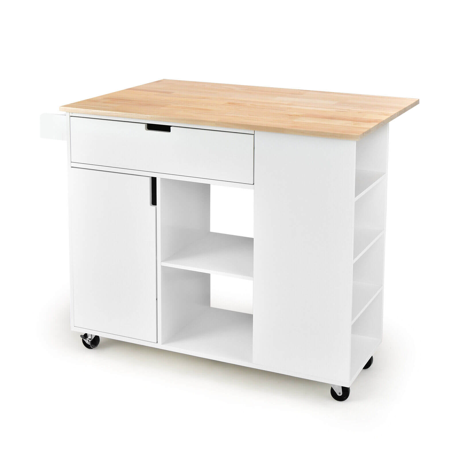 Drop-Leaf Kitchen Island with Rubber Wood Top - White
