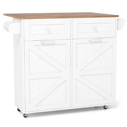 Rolling Kitchen Island with Trash Can Cabinet and Rubber Universal Wheels-White - White