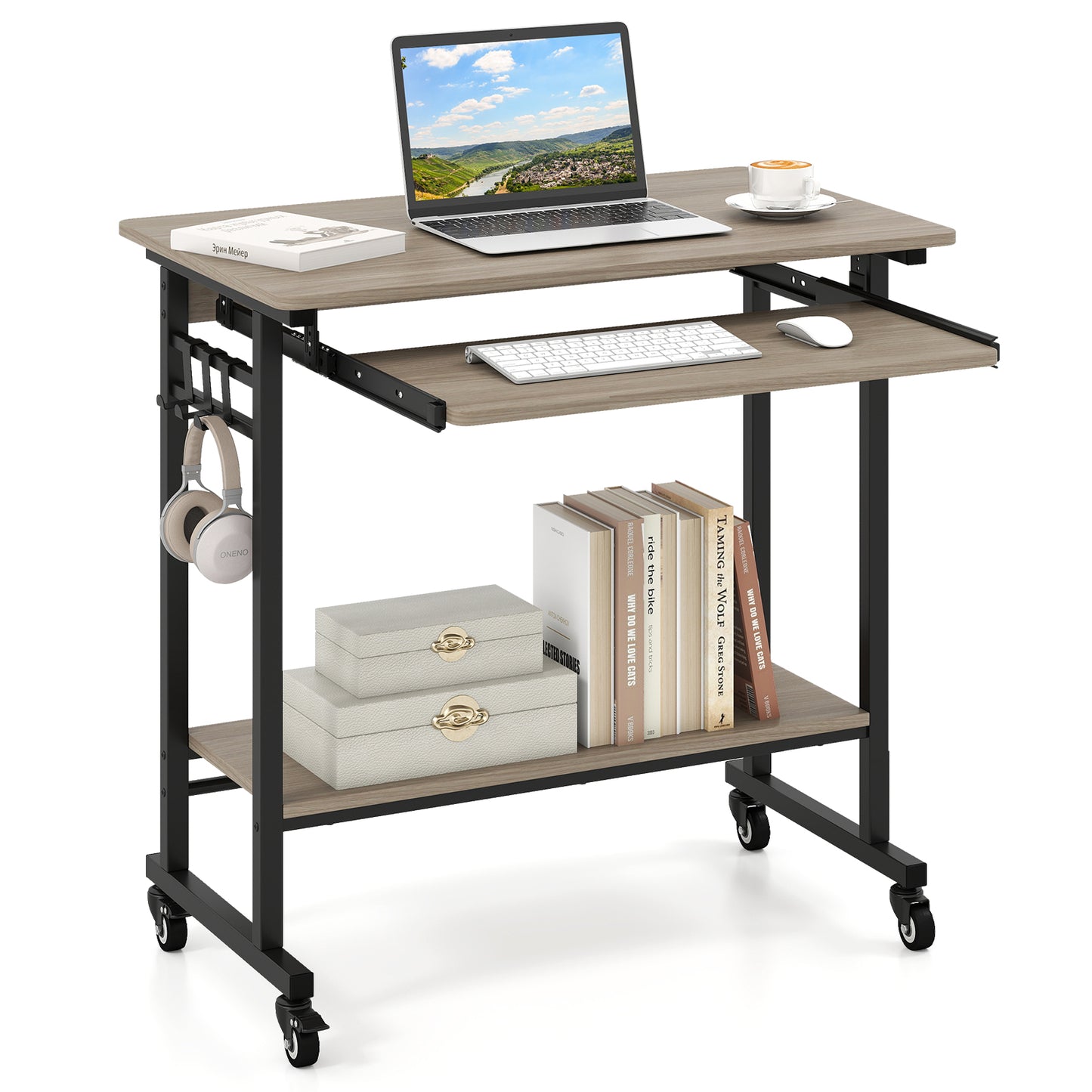 Rolling Laptop Table with Pull-out Keyboard Tray and Hooks-White - Grey