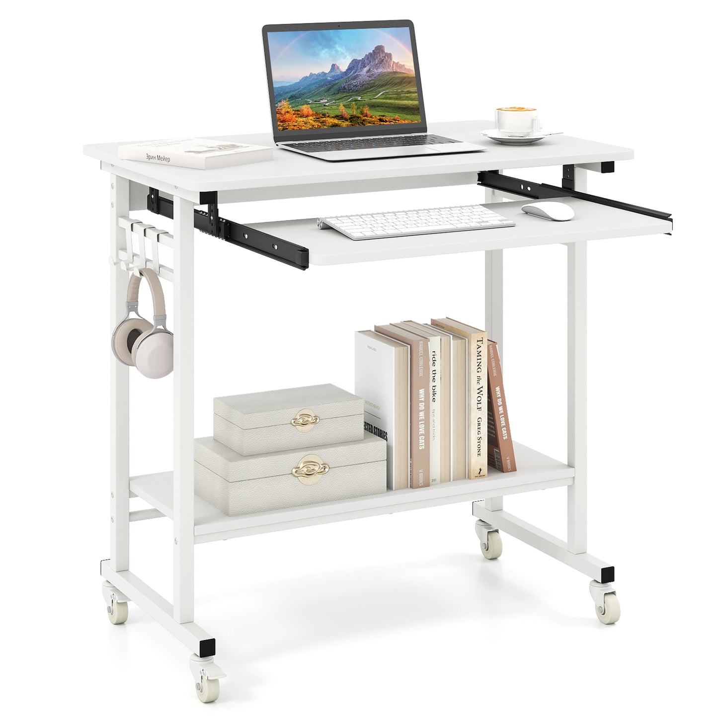 Rolling Laptop Table with Pull-out Keyboard Tray and Hooks-White - White