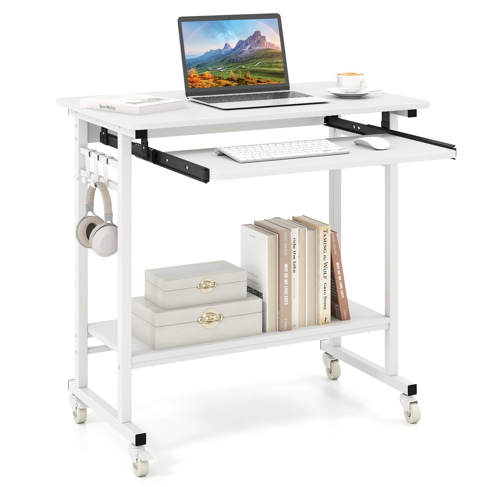 Rolling Laptop Table with Pull-out Keyboard Tray and Hooks-White - White