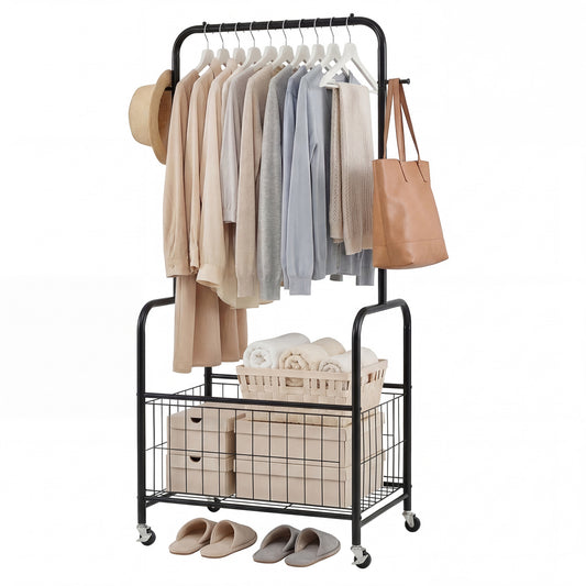 Rolling Metal Clothes Rack with Hanging Rod and Storage Basket