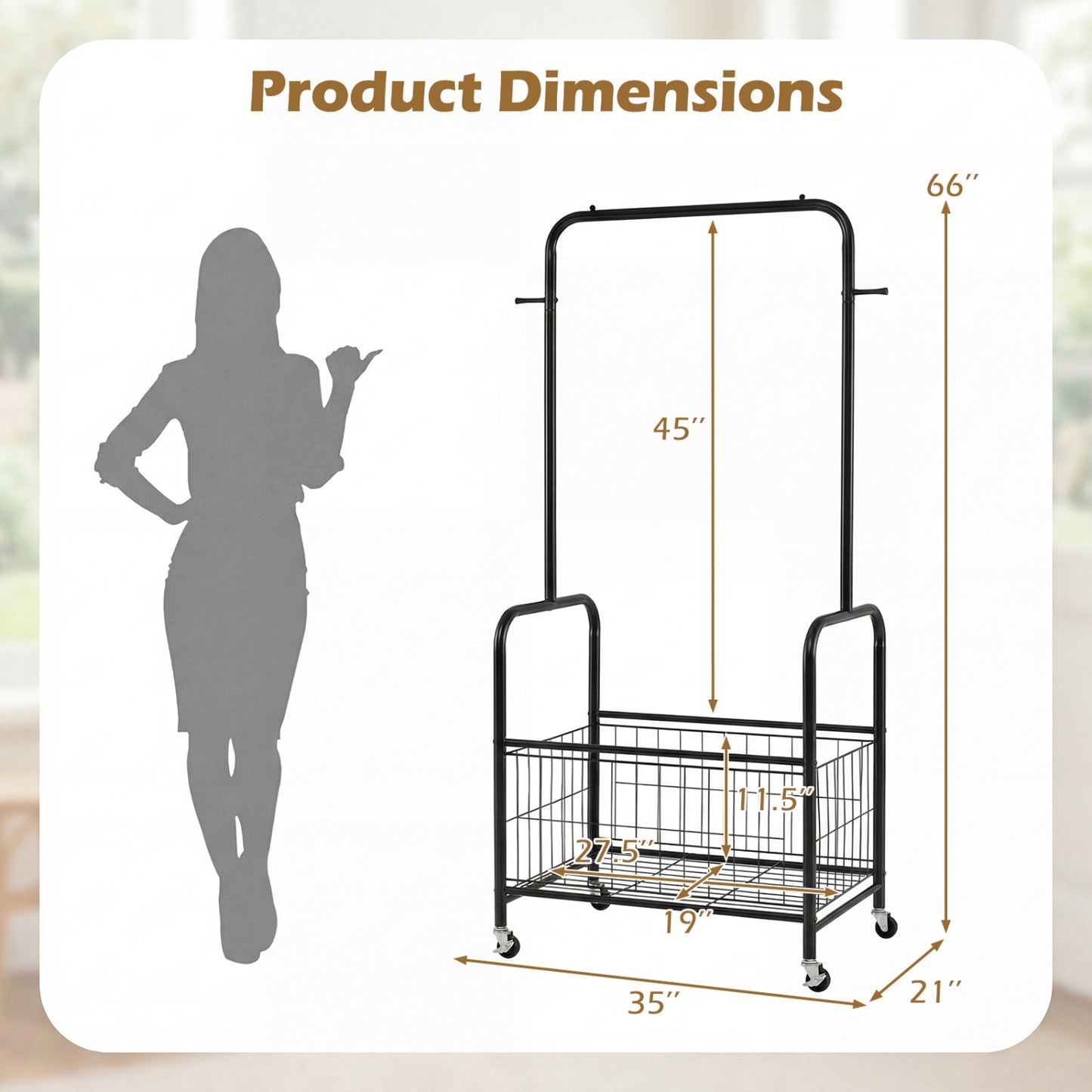 Rolling Metal Clothes Rack with Hanging Rod and Storage Basket
