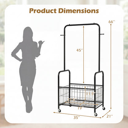 Rolling Metal Clothes Rack with Hanging Rod and Storage Basket