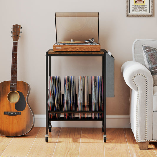 Rolling Record Player Stand 2-Tier with Vinyl Storage and Magazine Holder Bag-Rustic Brown