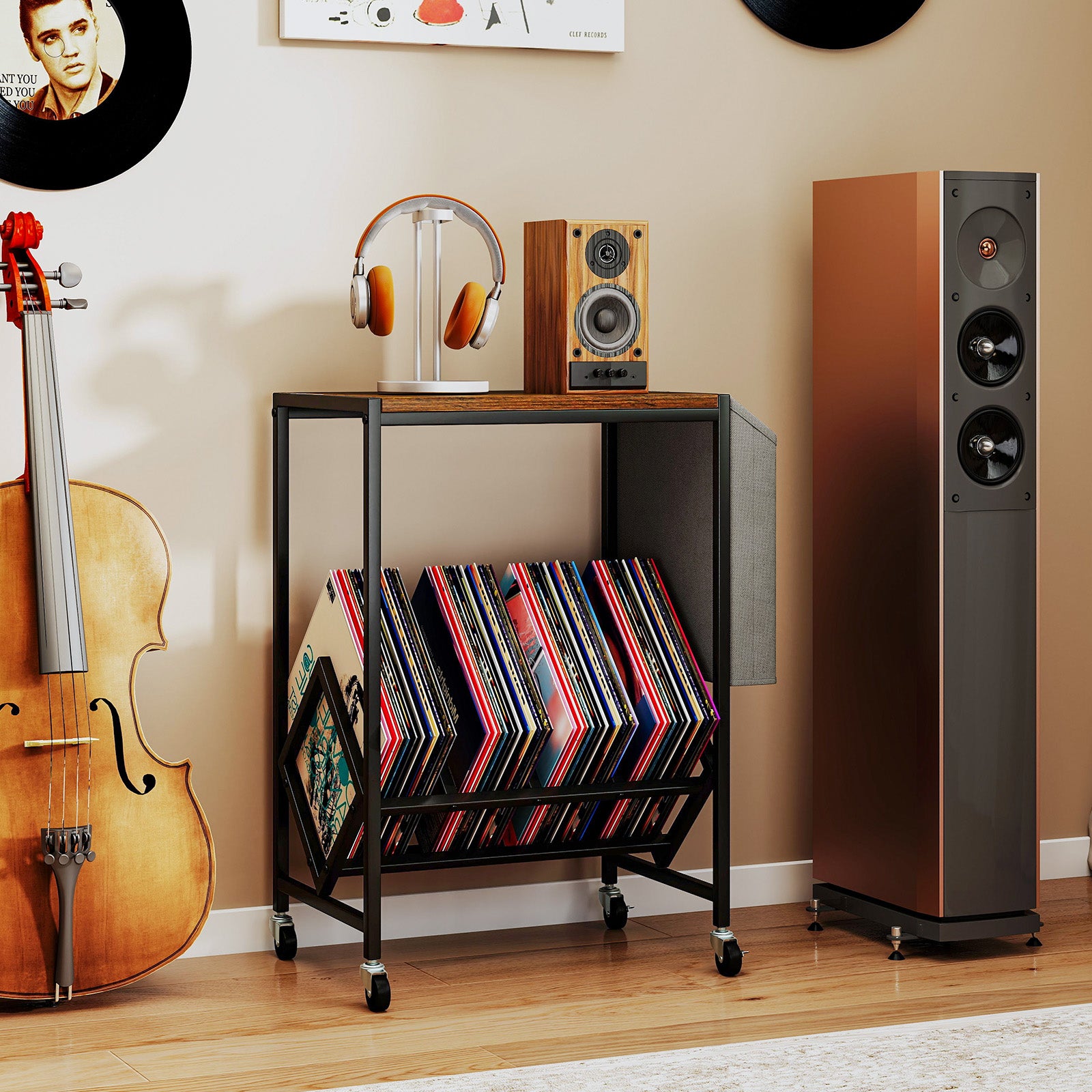 Rolling Record Player Stand 2-Tier with Vinyl Storage and Magazine Holder Bag-Rustic Brown