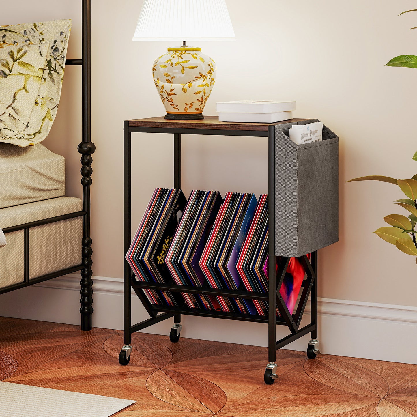 Rolling Record Player Stand 2-Tier with Vinyl Storage and Magazine Holder Bag-Rustic Brown