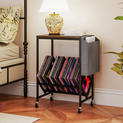 Rolling Record Player Stand 2-Tier with Vinyl Storage and Magazine Holder Bag-Rustic Brown