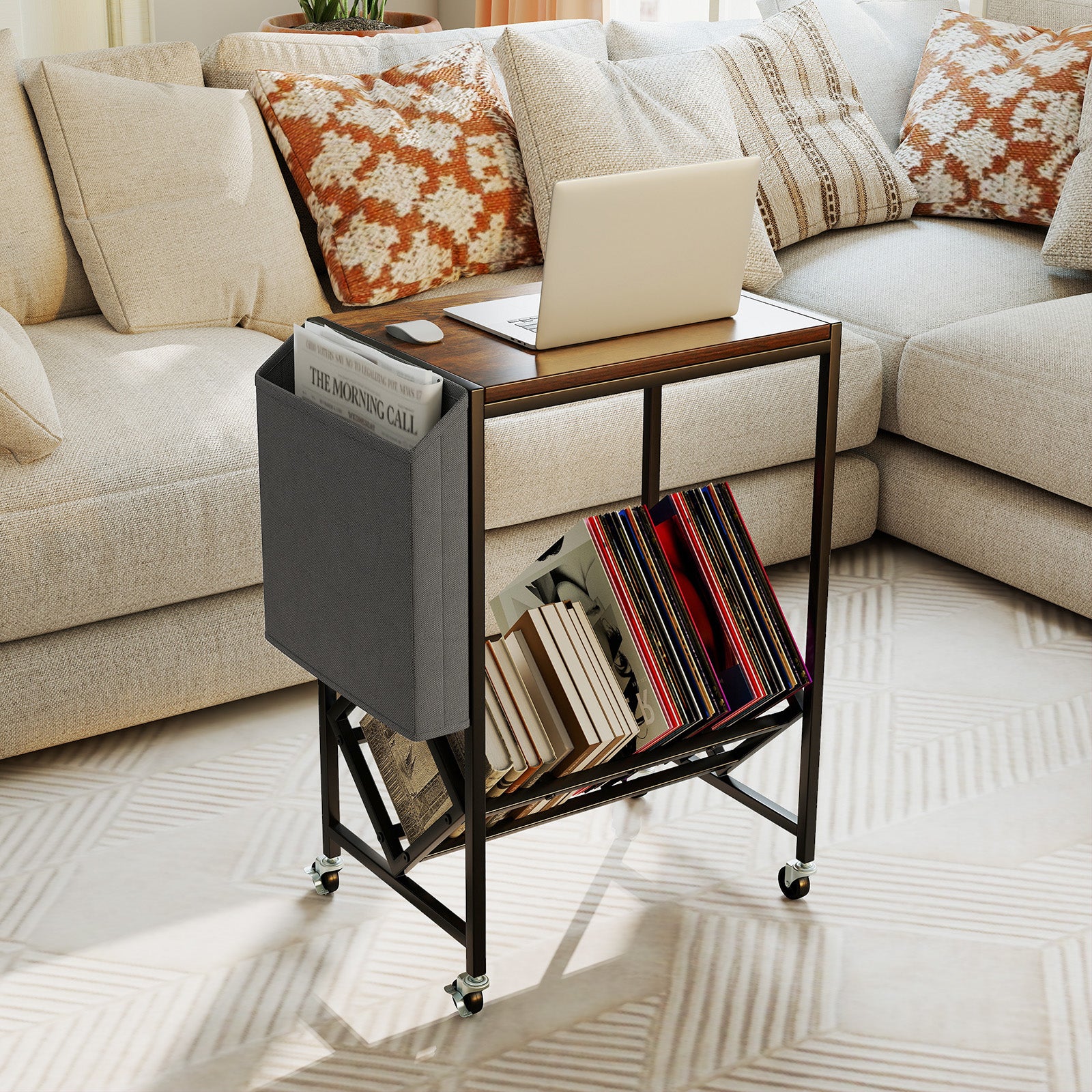 Rolling Record Player Stand 2-Tier with Vinyl Storage and Magazine Holder Bag-Rustic Brown