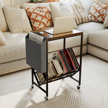 Rolling Record Player Stand 2-Tier with Vinyl Storage and Magazine Holder Bag-Rustic Brown
